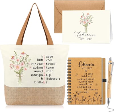5 Stuks Bedankcadeautjes Voor Leraren - Grappige Jute Boodschappentassen, Spiraalblokken, Balpennen en Enveloppen voor Verjaardagen, Afscheid en Kerstmis