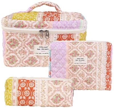 Set van 3 Make-up Tasjes Gewatteerd Bloemen Katoen – Grote Capaciteit Esthetische Cosmetische Tas & Toilettas voor Vrouwen – Reistas Organizer met Ritssluiting -Etnische stijl, 3-delige set [groot + middel + klein]
