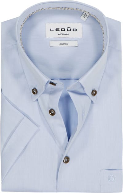 Ledub modern fit overhemd - korte mouw - popeline - lichtblauw - Strijkvrij - Boordmaat: 38 (EU maat: S)