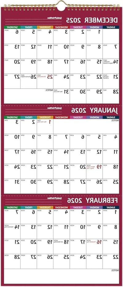 Wandkalender 2026 - 3 Maanden Kalender - Planning - Verticaal Ontwerp - 11 x 26 Inch - Rood