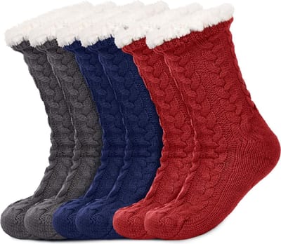JAXY Huissokken - Huissokken Dames en Heren - Verwarmde sokken - Anti Slip Sokken - Fleece Sokken - Dikke Sokken - Fluffy Sokken - Slofsokken - Warme Sokken - Bedsokken - Gevoerde Sokken - Winter Sokken - 3 Paar - Blauw, Grijs en Rood