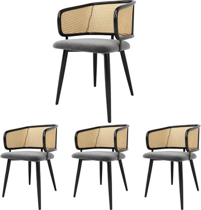 Eetkamerstoelen Set van 4 - Rattan Rugleuning Stoel - PU Leren Zitting - Moderne Eetkamerstoel - Comfortabele Stoel - Ademend Zitcomfort - Keukenstoel - Woonkamerstoel - Restaurantstoel - Caféstoel - Moderne Stijl - Zwart