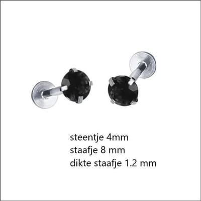 Aramat Jewels | Piercings | Elegante Zirkonia Labret Piercing – 8mmx1.2mm | Zilverkleurig / Zwart / 4mm | |3mm | Staal | Volwassenen | Verkleurd niet