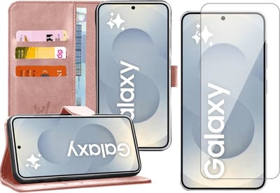Hoesje geschikt voor Samsung Galaxy S25 - Screenprotector Glas - Portemonnee Book Case Rosegoud