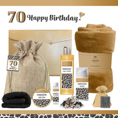 Geschenkset “70 Jaar Happy Birthday!” - 8 producten - 1210 gram - Triomf Cosmetica | Luxe wellness Cadeaubox voor haar Giftset Verjaardag Zeventig Cadeau Pakket Gefeliciteerd Verjaardagscadeau Vrouw Moeder Oma Zwart Koper Panter Goud