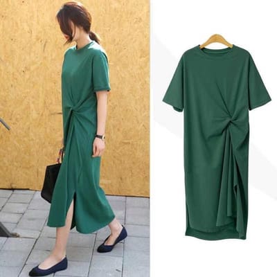 T-shirt à manches courtes pour femme, été, nouvelle version coréenne, grande taille, vêtements pour femme, ample et fin, jupe-t-shirt longueur genou 3XL vert
