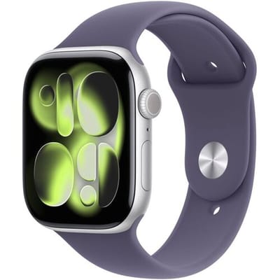 Apple Watch Series 11 GPS 46 mm zilveren aluminium kast met paarse mist sportband - S/M