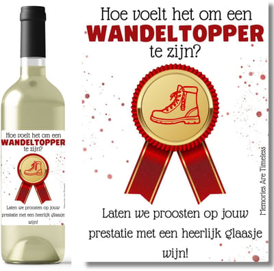 Wijnetiket Wandeltopper – Cadeau voor Wandelaar – Proost op Prestatie – 10,5 x 14,8 cm