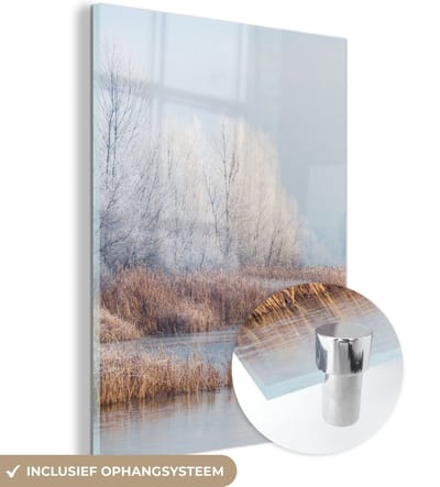MuchoWow® Glasschilderij 120x160 cm - Schilderij acrylglas - Landschap - Winter - Sneeuw - IJs - Ochtend - Foto op glas - Schilderijen