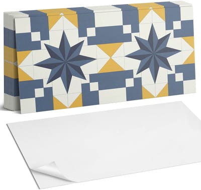 Coloray Plaktegels - Geometrisch sterpatroon Zelfklevende Wandtegels - 40 cm x 20 cm - Blauw Plaktegels - 10 stuks - Rechthoek PVC Tegels - Plaktegels Badkamer - Vloertegels Zelfklevend - Vinyltegels Vloer Zelfklevend - Portugese Tegels