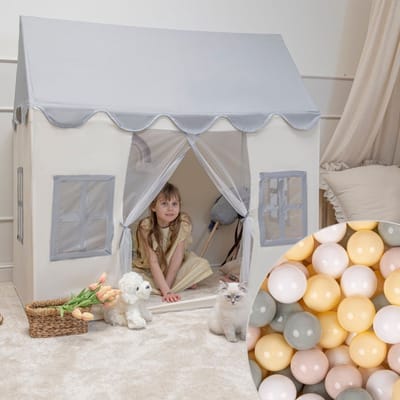 KiddyMoon Kindertent speelhuisje 400 ballen opvouwbaar - Speeltent kinderen binnen buiten - Duurzaam draagbaar - Wit-Grijs: Pastelbeige Groengrijs Pastelgeel Wit
