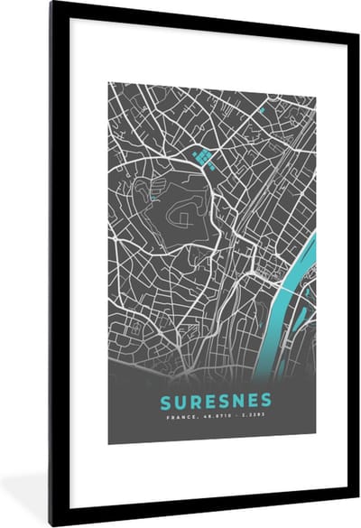Fotolijst incl. Poster - Suresnes - Kaart - Plattegrond - Stadskaart - Frankrijk - 80x120 cm - Posterlijst
