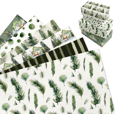 Dailygoods- Inpakpapier Kerstmis - 12 Vellen - Aquarel Bospatronen - 68 x 50 cm - Kindvriendelijk - Geschikt voor Verjaardagscadeaus - Cadeaupapier