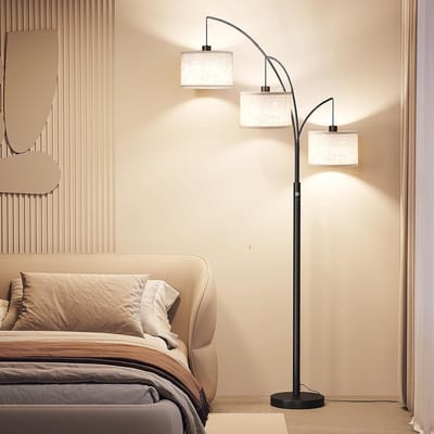 Puluomis - Vloerlamp - Staande lamp - Gebogen lamp - Leeslamp - Lampenkap met 3 koppen van linnen - 195cm hoog - E27 fitting
