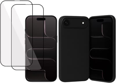 Technow hoesje + 2x Screenprotector geschikt voor iPhone 17 Air – Full Screen Tempered Glass - Liquid Back Case - Cover - Zwart