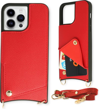 Casemania Hoesje Geschikt voor Apple iPhone 14 Pro - Back Cover met Draagkoord - Pasjeshouder Hoes met Bandje - Crossbody Telefoonhoesje - Lanyard Case - Rood
