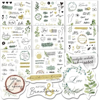 Dailygoods - BIROYAL Sticker bruiloft gastenboek (200+ motieven), 8 vellen, stickers bruiloft voor gastenboek, fotoalbum of scrapbook, bruiloftsdecoratie, fotoalbum liefde, stickers liefde hart (21 x 21 cm)