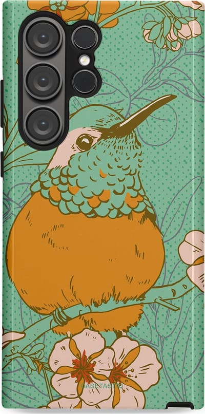 Casetastic hoesje geschikt voor Samsung Galaxy S23 Ultra - Dubbellaagse bescherming - Bloesem Kolibrie - Fashion Case - Mintgroen Okergeel Zand