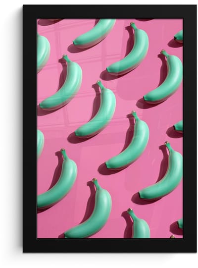 Poster in lijst - Fotolijst 20x30 cm - Posters - Bananen - Patroon - Blauw - Roze - Posterlijst zwart - Decoratie - Wanddecoratie woonkamer - Muurdecoratie slaapkamer
