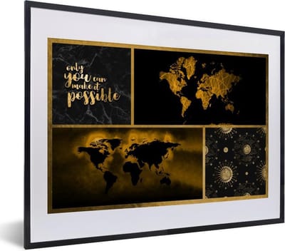 Poster in lijst - Fotolijst 40x30 cm - Posters - Wereldkaart - - Luxe - Goud - Posterlijst zwart - Decoratie - Wanddecoratie woonkamer - Muurdecoratie slaapkamer