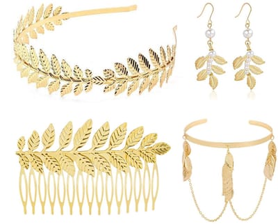 Dailygoods- Kostuum Griekse Godin - 4-delige Accessoires Set - Gouden Laurierkrans - Oorbellen - Armringen - Zijkam - Verkleedset