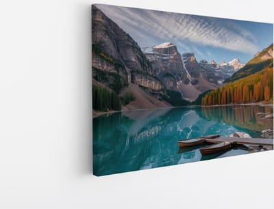 Saammp Canvas Schilderij - Boten tussen de bergen - Landschap - Natuur - 45x30 - Foto op canvas - Wanddecoratie - Muurdecoratie Woonkamer - Slaapkamer decoratie - Canvas Print