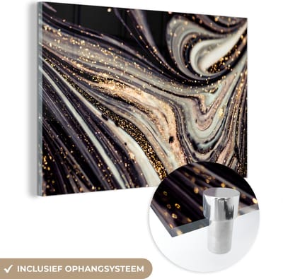 ® Glasschilderij 120x80 cm - Schilderij acrylglas - Marmerlook - Zwart - Goud - Wit - Glitter - Marmer - Foto op glas - Muurdecoratie woonkamer - Wanddecoratie slaapkamer - Schilderijen