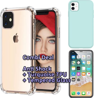 HB Hoesje Geschikt voor Apple iPhone 11 - Combi Deal - Anti Shock Back Cover Transparant - Back Cover Turquoise / Glazen Screenprotector