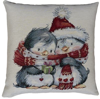 Kussenhoes - Kerst - Gobelinstof - Pinguïns paartje - Pinguïns met sjaal en muts – 45 x 45 cm