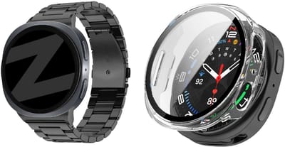 Bandz Bundel – RVS Schakelband ‘Classic’ – Zwart – (inclusief Inkortset) + Hard Case met Screenprotector Glas – Transparant – geschikt voor Samsung Galaxy Watch 8 (44mm)