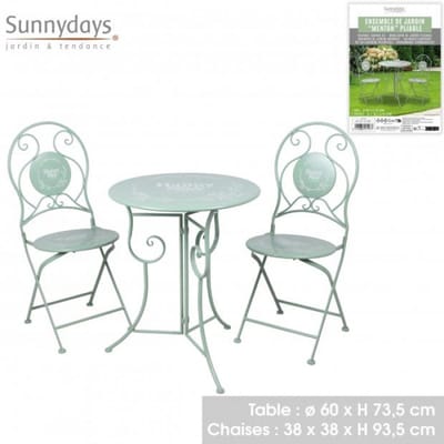 COLLECTIE "MENTON" TUINSET TAFEL EN 2 OPVOUWBARE STOELEN MET METALEN DECORATIE