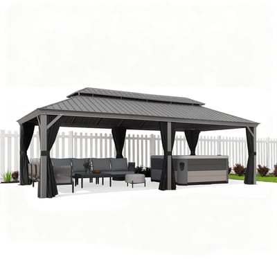 PURPLE LEAF Hardtop Aluminium Tuinpaviljoen – Dubbel dak – Hoogwaardige Gordijnen – Wind- en weerbestendig – Luxe Lichtgrijs