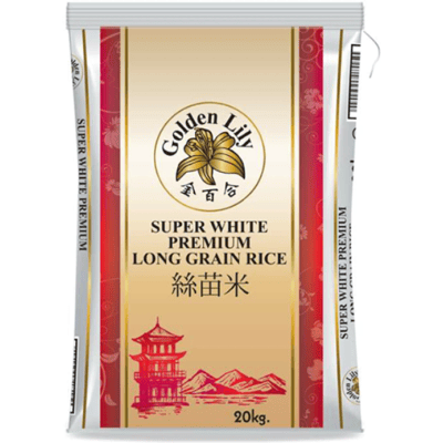 Golden Lily Premium Superwitte Langkorrelrijst - 20 kg. Perfecte, luchtige rijst voor al uw dagelijkse en feestelijke maaltijden.