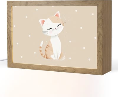 Nachtlampje 30x20 cm - Kinder lampje - Kat - Kitten - Beige - Stippen - Tafellamp kinderkamer - Slaapkamer lamp - Bedlamp kinderen - Kinderlampje stopcontact - Wandlamp babykamer - Nachtlampjes