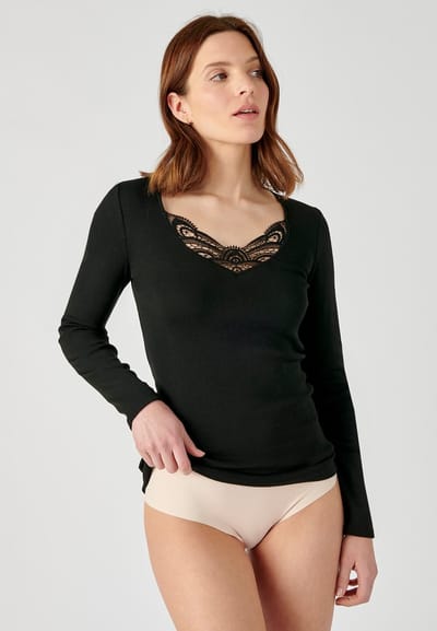 Damart - T-shirt met lange mouwen fijn geribd guipure kant Thermolactyl - Dames - Zwart - XL