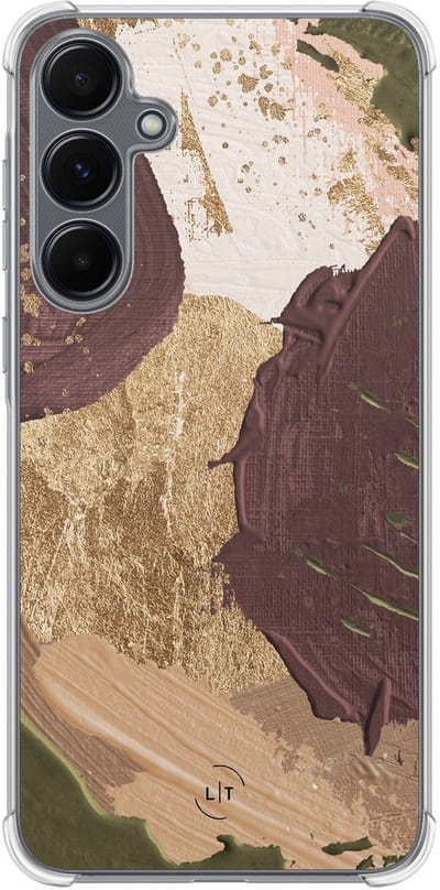 Shockproof hoesje - Geschikt voor Samsung Galaxy A15 - Abstract art - Extra sterke case - TPU/polycarbonaat - Print / Illustratie - Bruin, Transparant