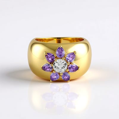 Cavill - Luxe Ring 925 Sterling Zilver Verguld - 0,594 ct Zirkoon & 1,338 ct Paarse Peervormige Saffier - Elegant Bloemdesign