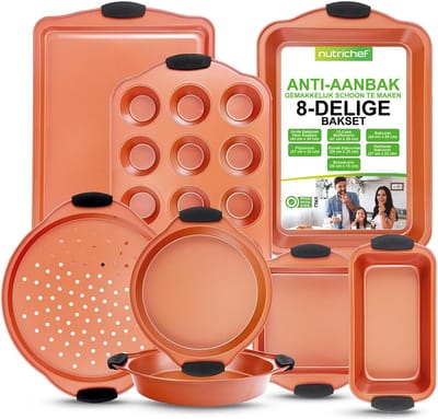 NutriChef, Bakvormen set, 8-delige Bakvormen set - Antiaanbak Koolstofstaal Bakset met Hittebestendige Siliconen Handgrepen - Inclusief Broodpan, Muffinpan, Bakplaten, Pizzapan, Braadsledes