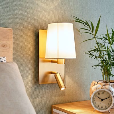 Lindby - Wandlamp - 1licht - Stof, metaal - H: 30.8 cm - wit, antiek messing