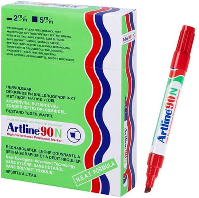 Artline 90 Permanent Marker - Doos 12 Stuks - Schuine Punt 2,0-5,0mm - Watervast & Wrijfvast - Hervulbaar - Rood