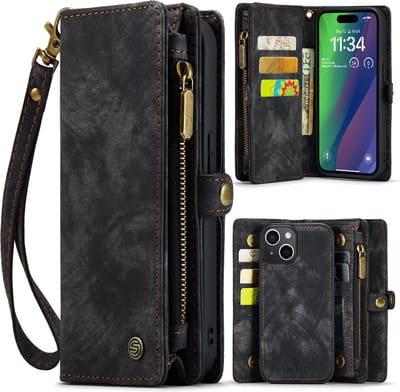 Geschikt Voor iPhone 15 Hoesje - Solidenz Wallet Case - Telefoonhoesje - Case Met Pasjeshouder - Met Ritsvak - Met Polskoord - Portemonee Hoes - Zwart