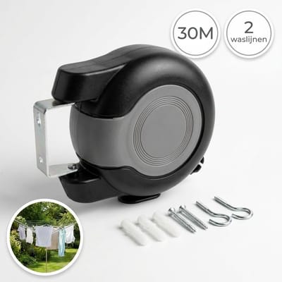 DIVERZA Waslijn 30M – Automatische en Oprolbare Drooglijn – 2 Waslijnen 15 meter – Wasrek – Droogrek – Binnen en Buiten – Zwart