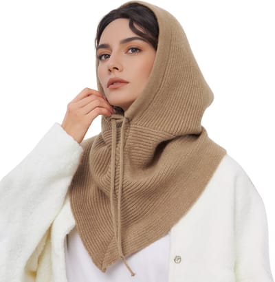 MAGICSHE 2-In-1 Bivakmuts Met Capuchon Sjaal Dames, Winddichte Gebreide Muts Met Sjaal, Slouchy Nekwarmer Balaclava Muts Kameel