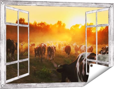 Gards Tuinposter Doorkijk Kudde Koeien in Weiland bij Zonsondergang - 90x60 cm - Tuindoek - Tuindecoratie - Wanddecoratie buiten - Tuinschilderij
