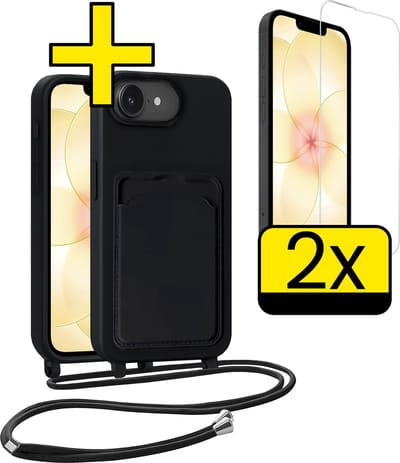 Hoesje Geschikt voor iPhone 17e Hoesje Met Koord Met 2x Screenprotector Siliconen Case - Hoes Geschikt voor iPhone 17e Backcover Met Afneembaar Koord - Zwart