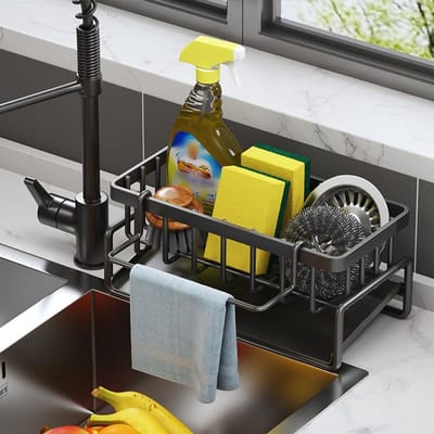 Dailygoods- Aanrechtorganizer met sponsenhouder - Gootsteenrekje - Keukenrek met lekbak - Opbergrek voor afwasmiddel - Zwart - Koolstofstaal 23 x 9 x 10 cm - Gootsteenrek