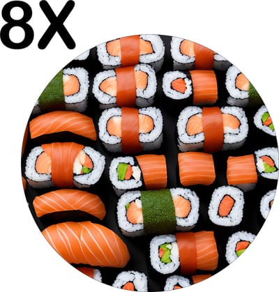 Luxe Ronde Placemat - Heel veel Sushi - Set van 8 Placemats - 50x50 cm - 2 mm dik Vinyl - Anti Slip - Afneembaar