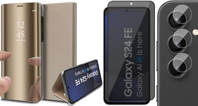 Hoesje geschikt voor Samsung Galaxy S24 FE - Privacy Screenprotector Volledig Dekkend Glas & Camera - Spiegel Book Case Goud