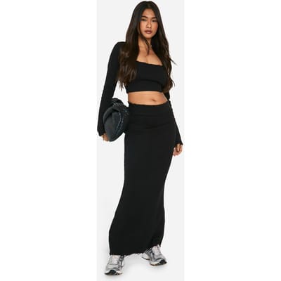 boohoo Dames Geribbelde maxi-rok met versleten zoom | Black | Maat: 10