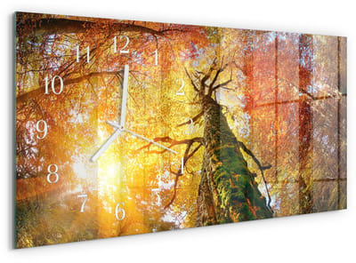 Tulup Wandklok - Herfst Decoratieve Glazen Klok - 60x30 cm - Geel Glazen Wandklok Design - Witte Handen - Rechthoekige Wandklok - Gekleurde Glazen Klok - Glazen Klok Met Print